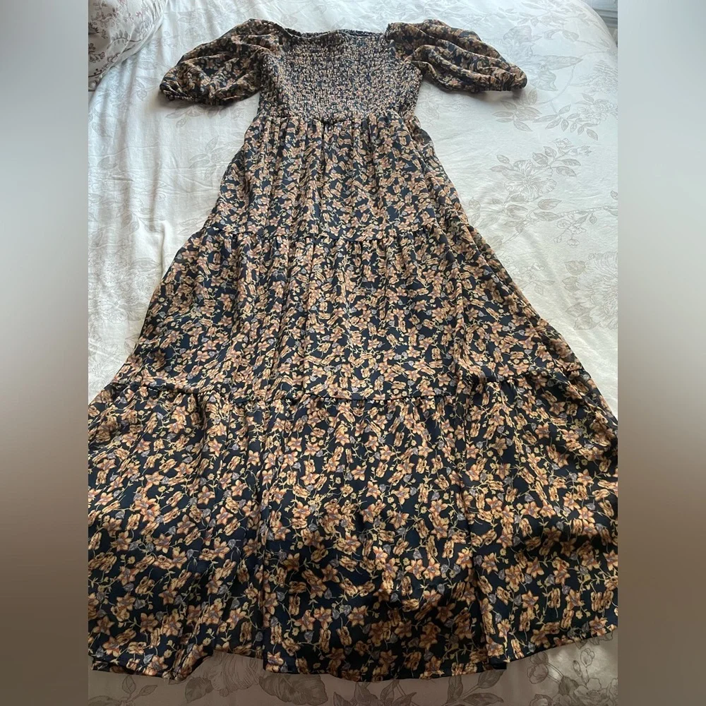 Baltic Born‎ Manchester Navy Ditsy Floral Smocked Midi Dress Small Cottagecore - Picture 5 of 9